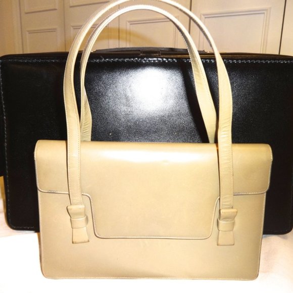 J.MILLER FOR PRESTIGE-VINTAGE KHAKI/BEIGE LEATHER HANDBAG-BOW ACCENT - Picture 2 of 6